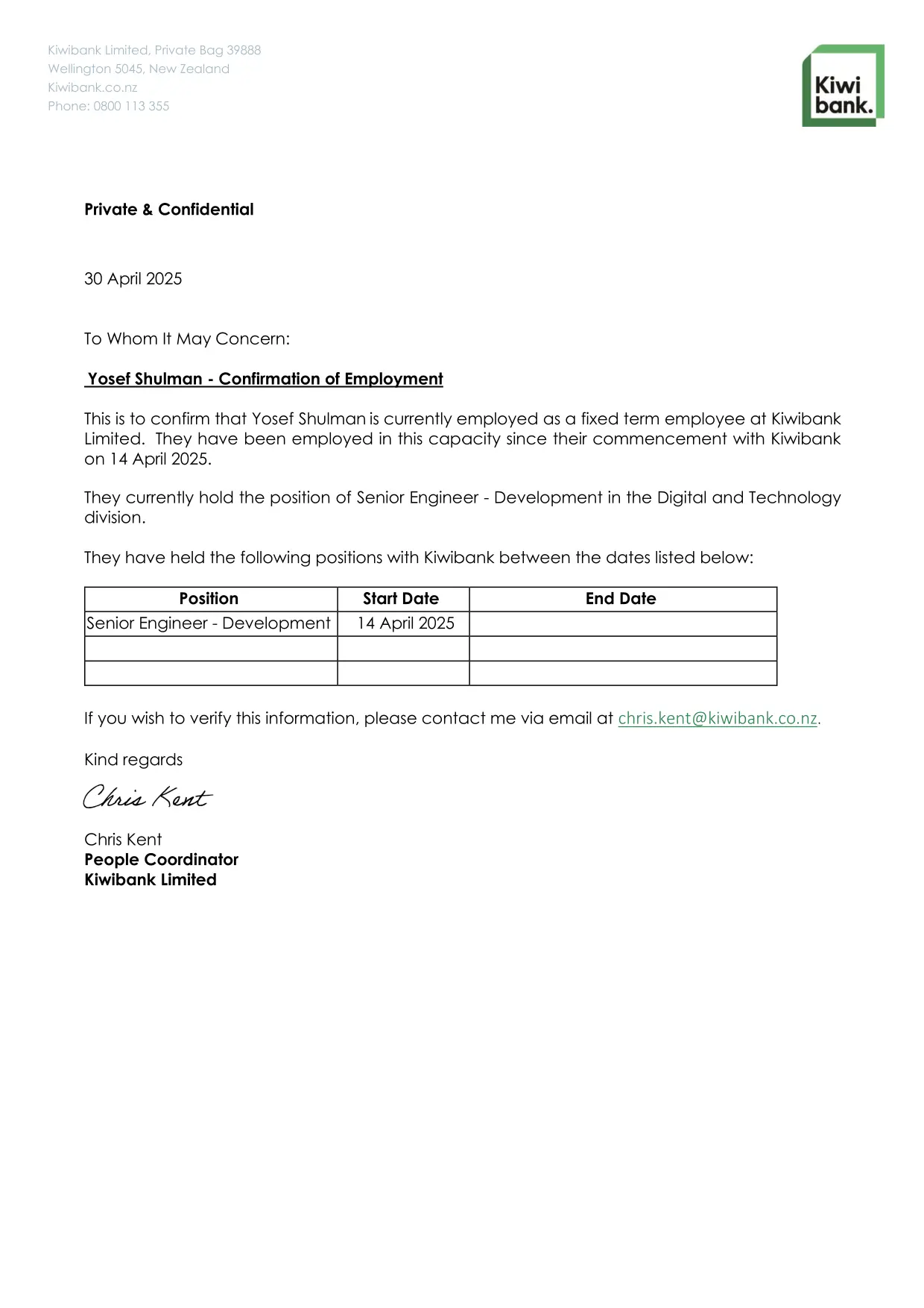 Kiwibank - Experience Verification page 1