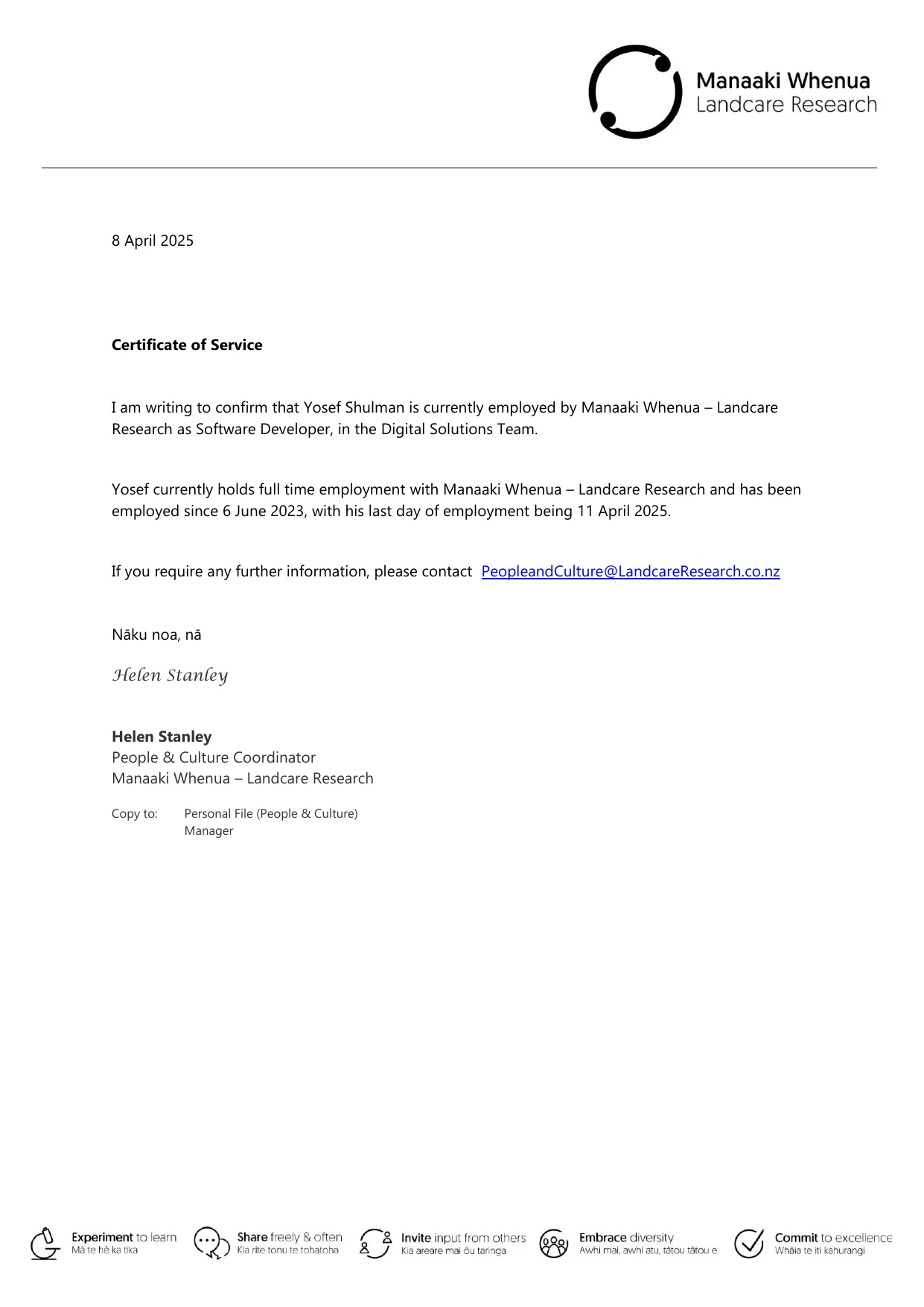 Manaaki Whenua - Landcare Research - Experience Verification page 1